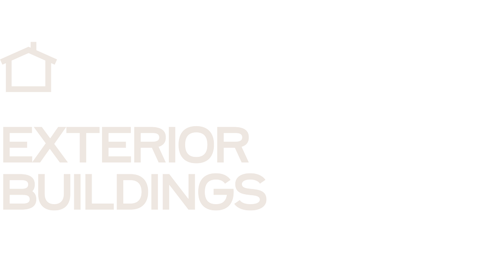 Exterior Buildings text with a house icon, highlighting high-quality custom home construction services.