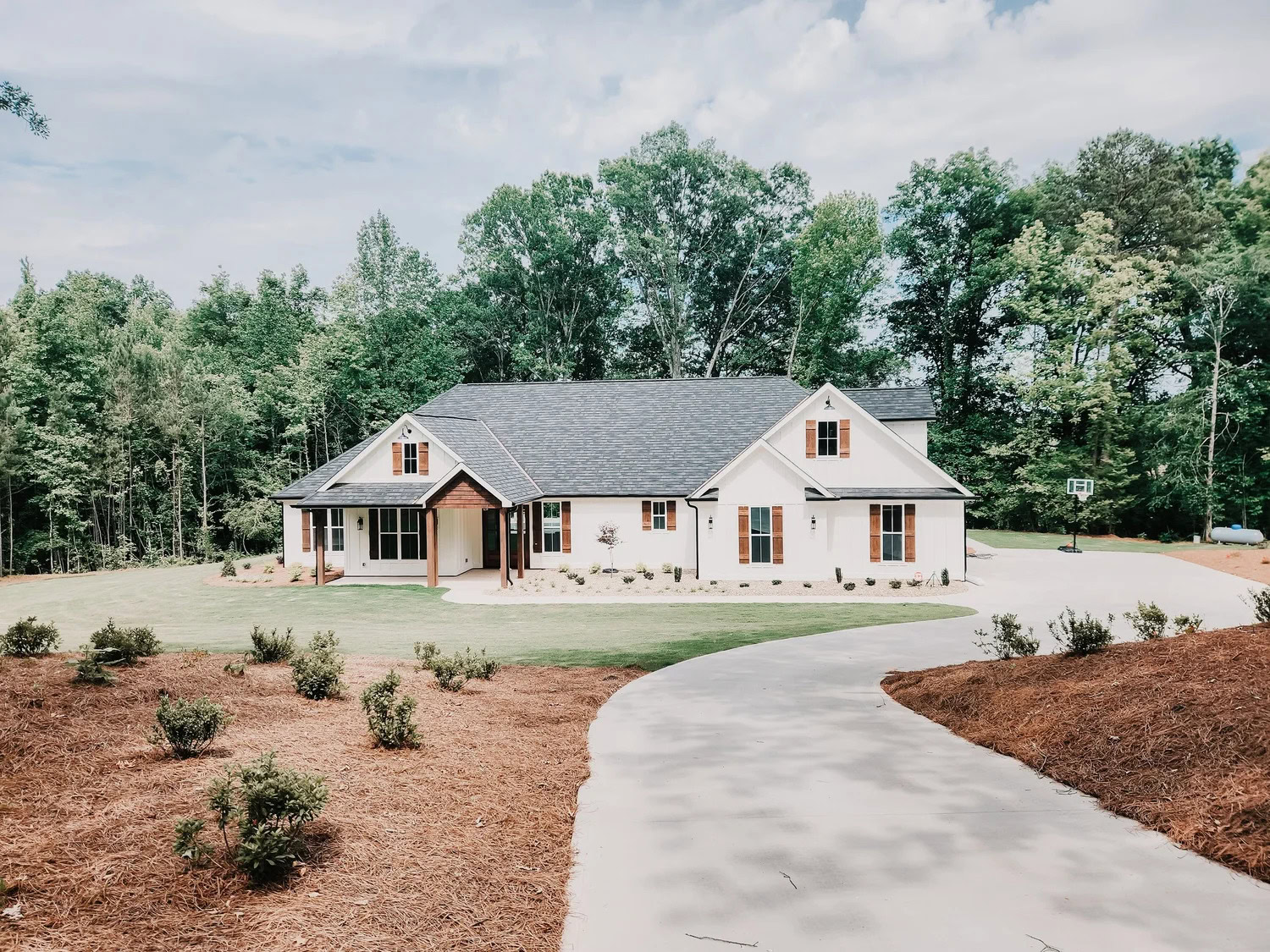 Custom-built home surrounded by trees, showcasing exceptional craftsmanship and stress-free design.